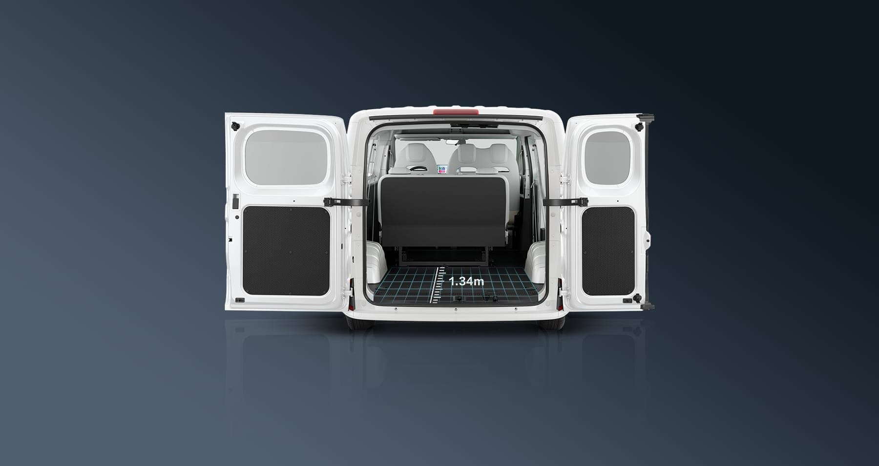 2026 MAXUS Dana V1L Electric Van — Long-Wheelbase Electric Cargo Van for export, rear doors open showing 1.34 m load depth