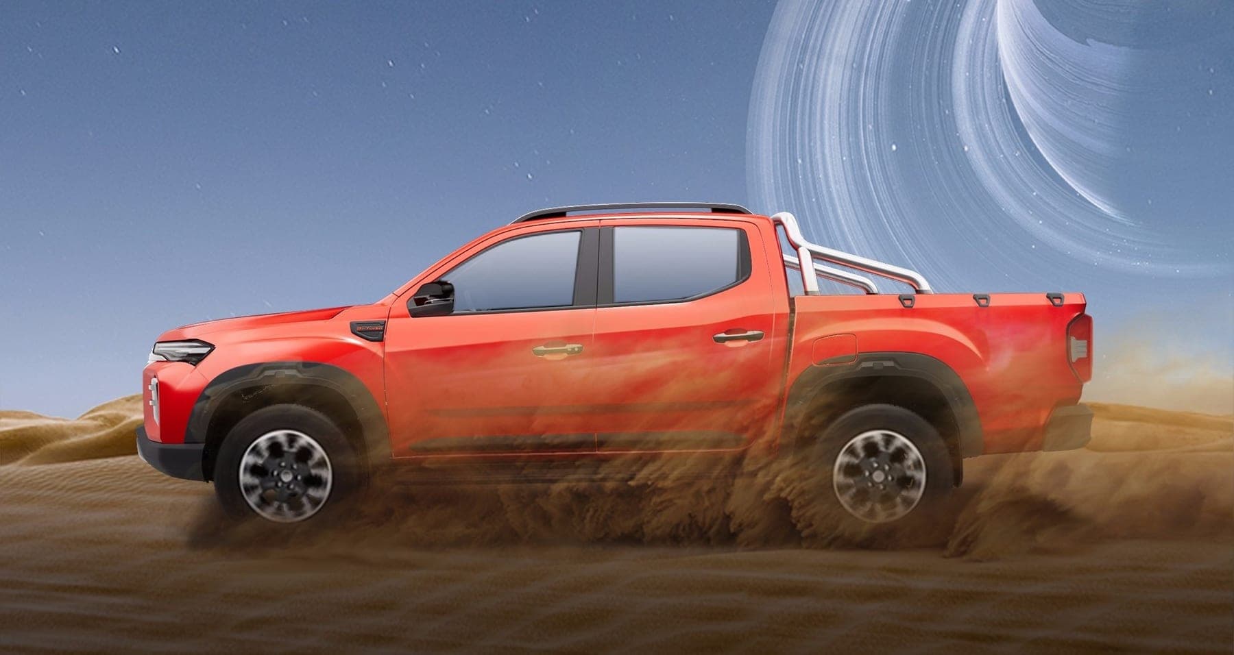 MAXUS Interstellar L 2026 — بيك أب ديزل بكابينة مزدوجة للتصدير, منظر جانبي محمّلة على الرمال