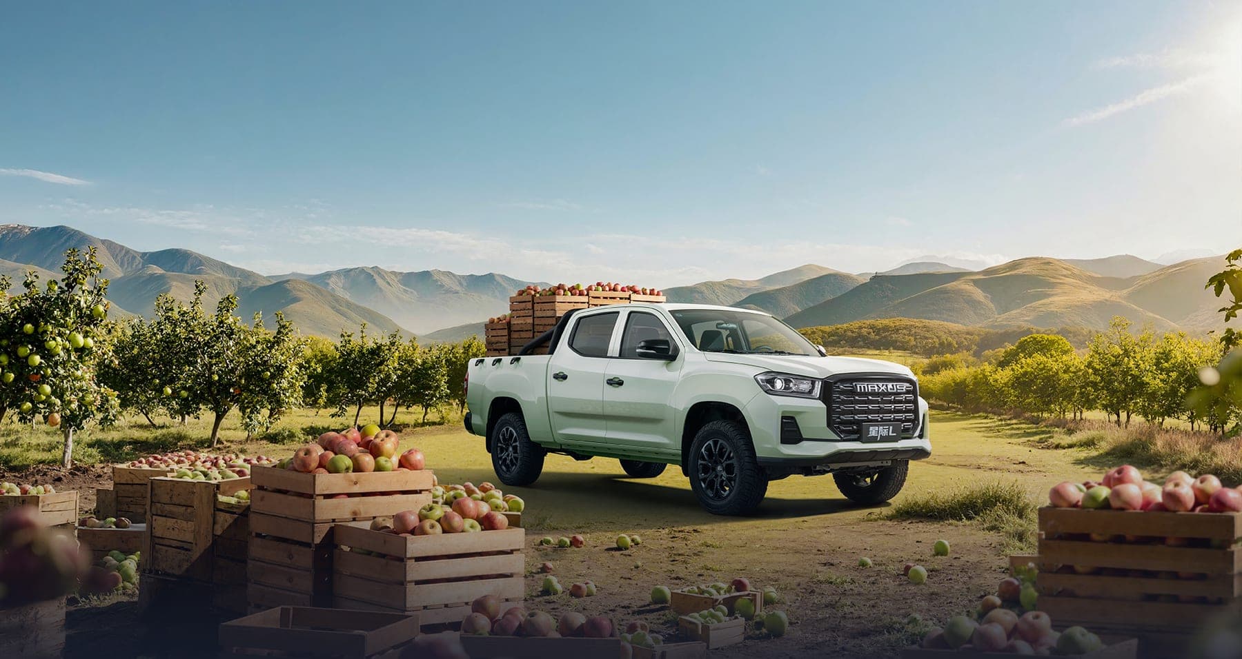 2026 MAXUS Interstellar L — Double Cab Diesel Pickup Truck for export, loaded cargo box in an orchard