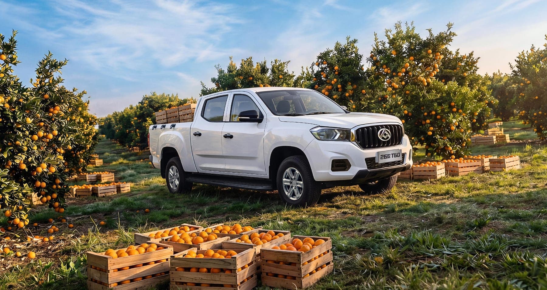 2026 MAXUS T60 — Double Cab Pickup Truck for export, front three-quarter view in an orchard