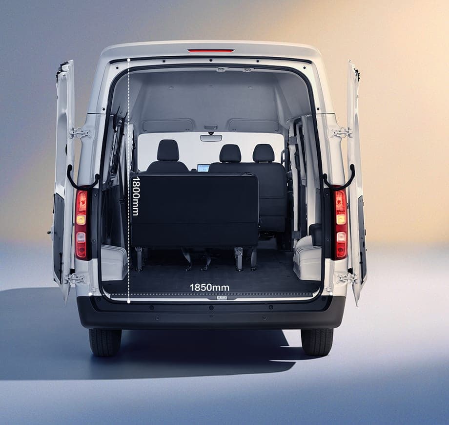 2026 MAXUS Lingsheng V100 Electric Van — Wide-Body Electric Cargo Van for export, rear doors open showing the load bay