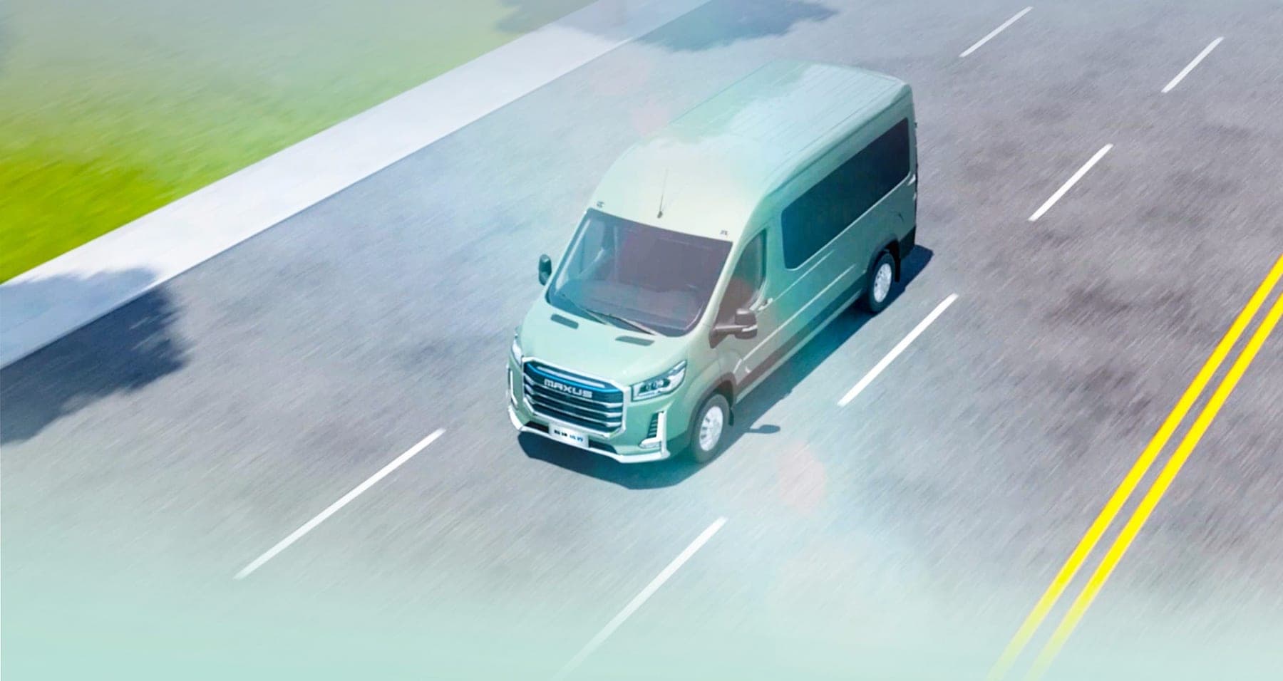 2026 MAXUS Yuanjie DM-D Hybrid Van — Large Hybrid Van and Minibus for export, front three-quarter view with driver assistance active