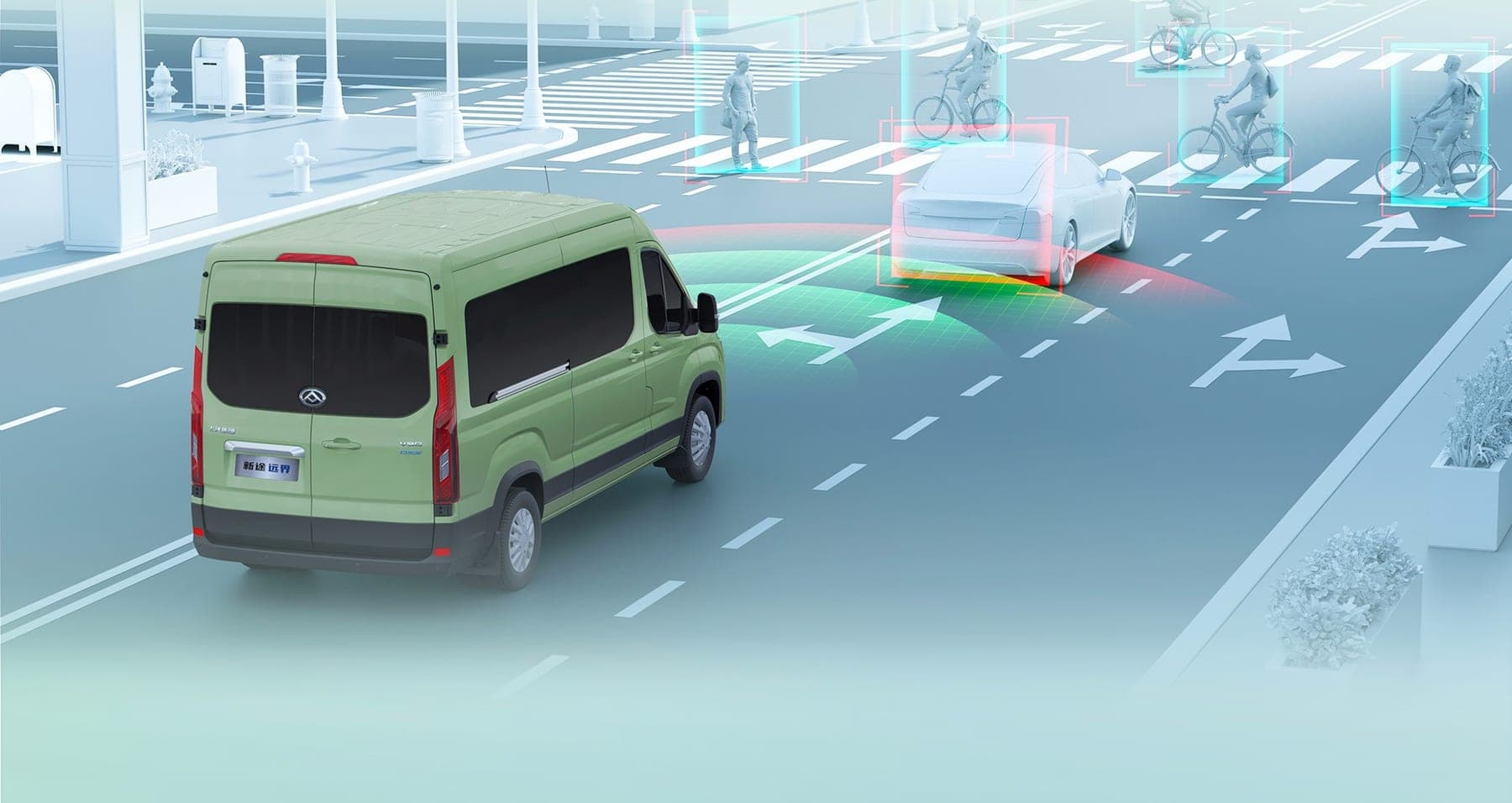 2026 MAXUS Yuanjie DM-D Hybrid Van — Large Hybrid Van and Minibus for export, rear three-quarter view showing lane monitoring