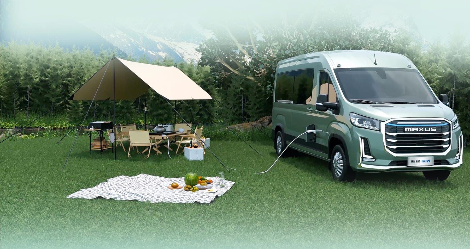 2026 MAXUS Yuanjie DM-D Hybrid Van — Large Hybrid Van and Minibus for export, side view supplying power at a campsite