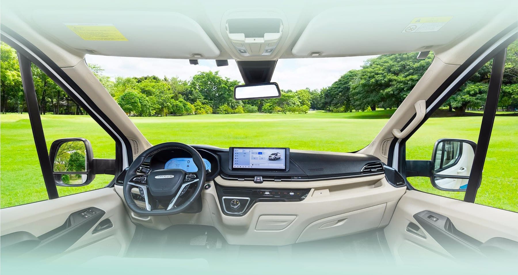 2026 MAXUS Yuanjie DM-D Hybrid Van — Large Hybrid Van and Minibus for export, cabin interior and forward view